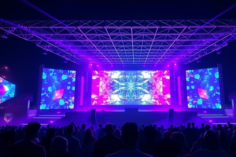 stage lights and crowd of people in front of a live concert stage